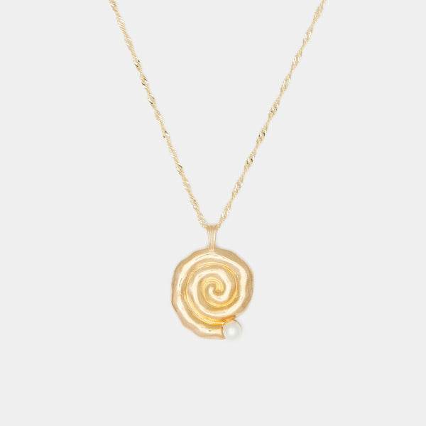 Sacred Spiral Freshwater Pearl Necklace in Solid Gold