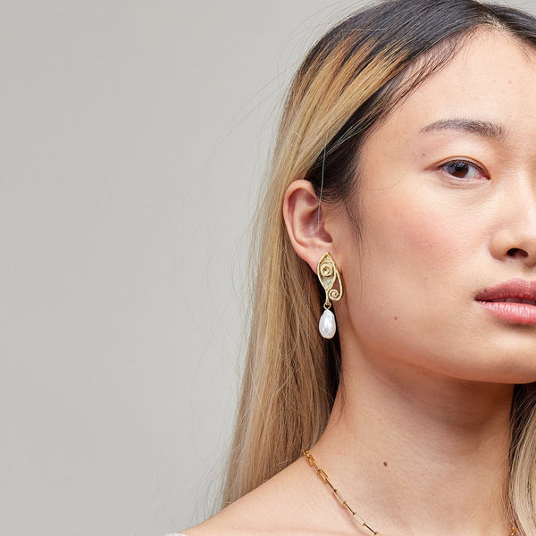 Golden Ayla Pearl Earrings in 14k Solid Gold